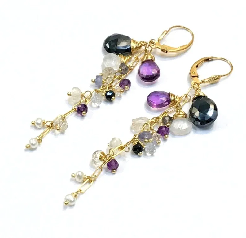 Amethyst Dangle Wire Wrap Moonstone Earrings 1