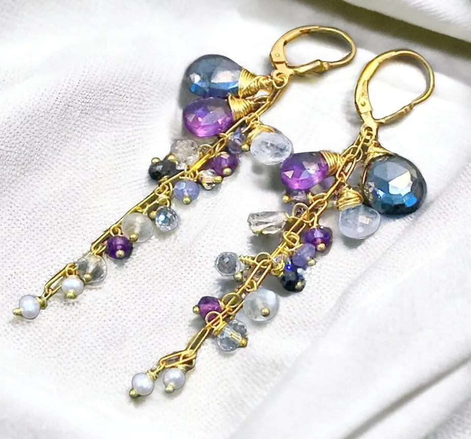 Amethyst Dangle Wire Wrap Moonstone Earrings 1