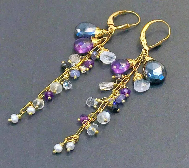 Amethyst Dangle Wire Wrap Moonstone Earrings 1