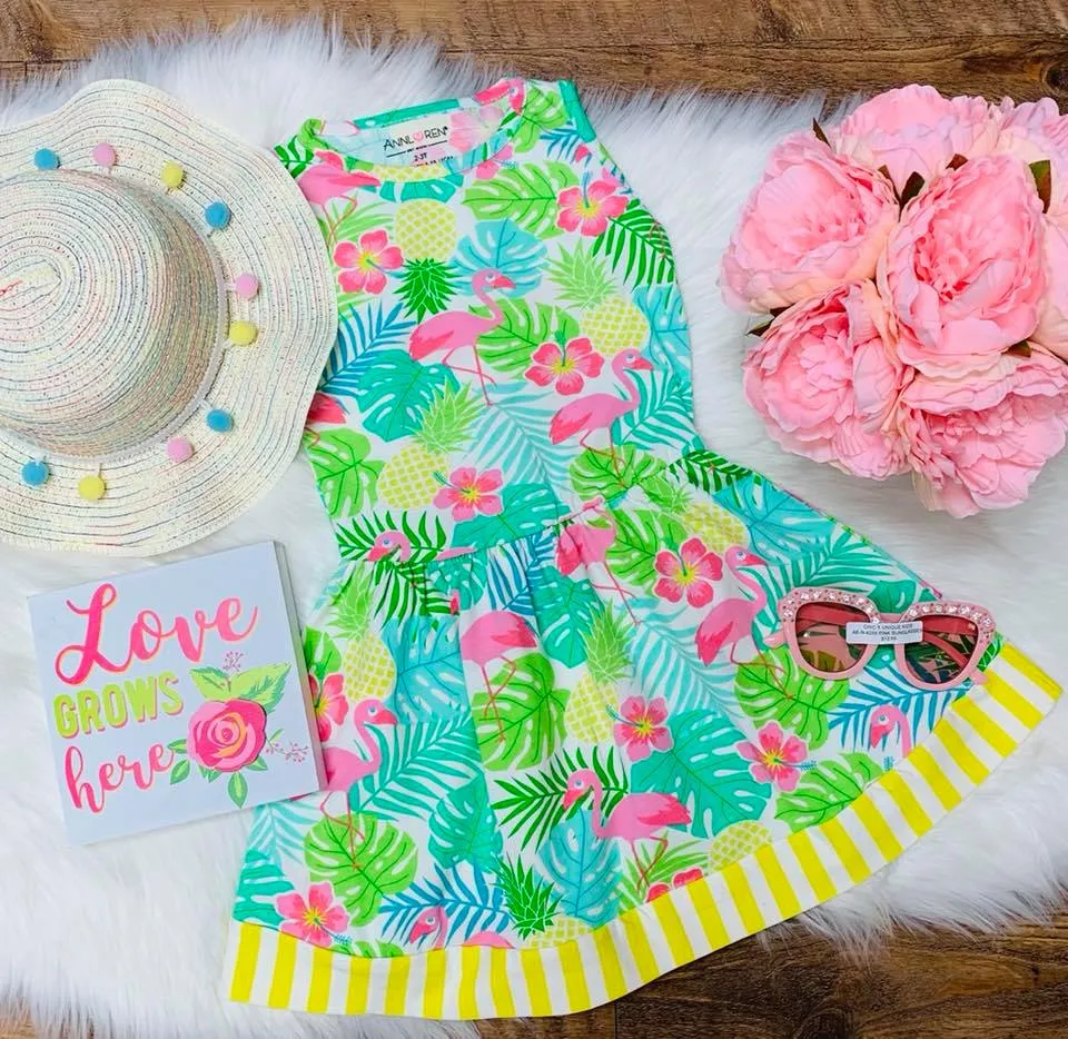 AnnLoren Little Big Girls Pink Flamingo Palm Tree Kids Swing Tropical Dress Spring Summer