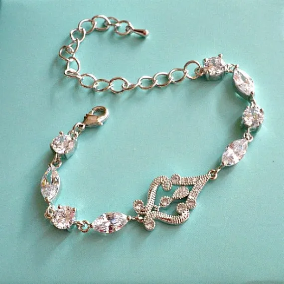 Art Deco CZ Crystal Bridal Bracelet, Vintage Style Cubic Zirconia Wedding Bracelet, Filigree Bracelet, Crystal Bracelet, Bridesmaid Bracelet