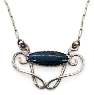 Art Nouveau hammered artisan cartouche sparkling blue sterling silver necklace