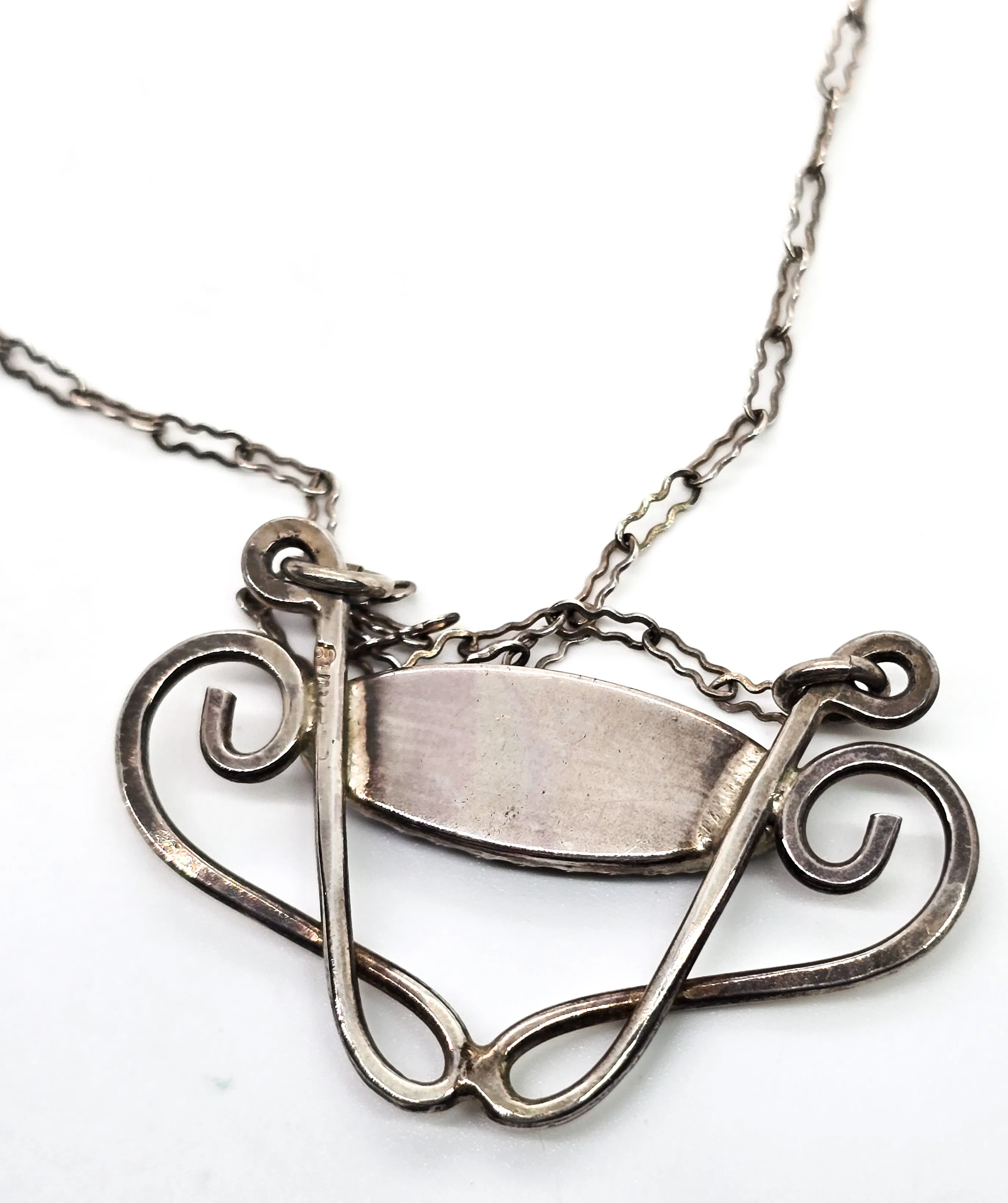 Art Nouveau hammered artisan cartouche sparkling blue sterling silver necklace