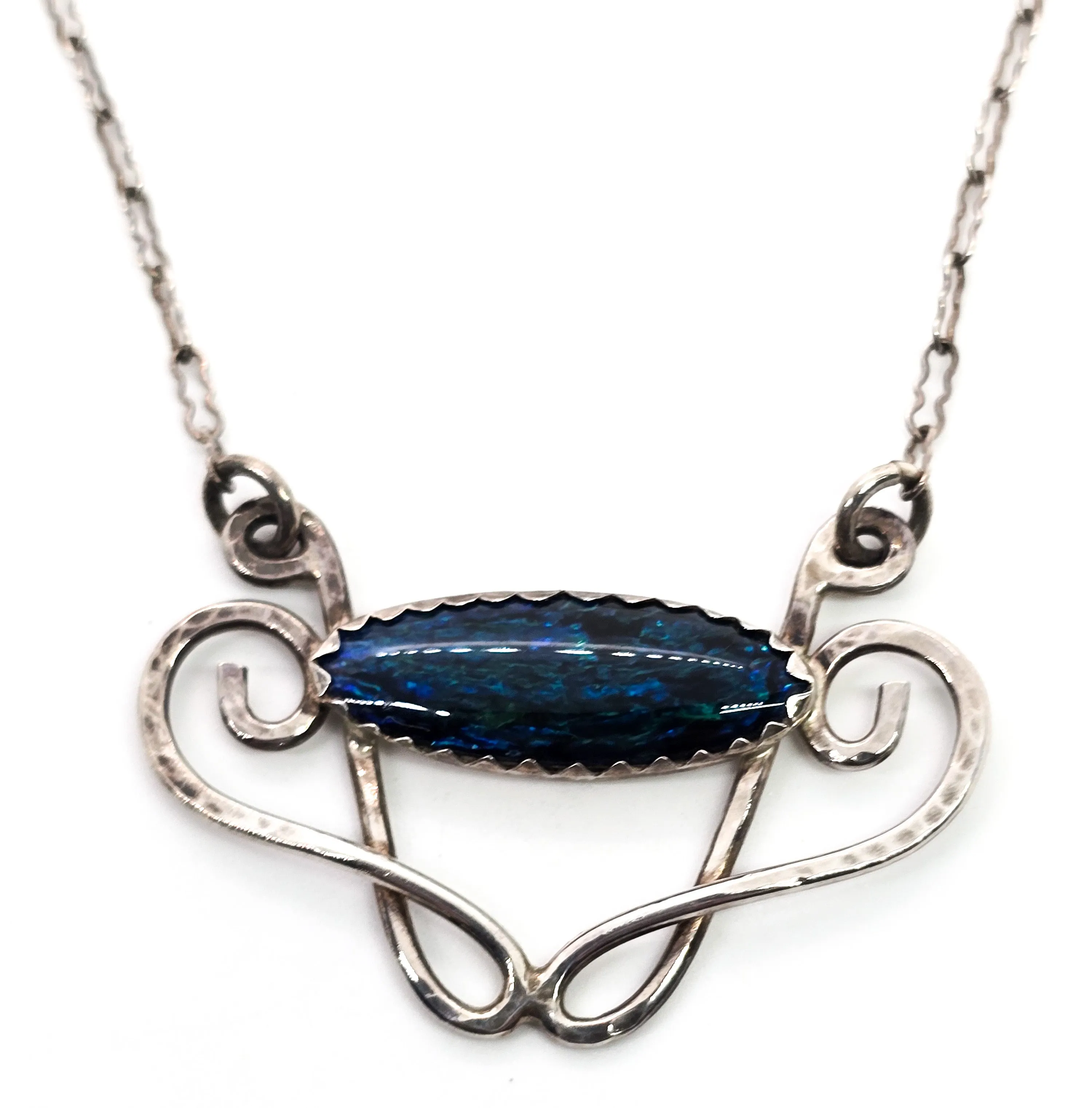 Art Nouveau hammered artisan cartouche sparkling blue sterling silver necklace