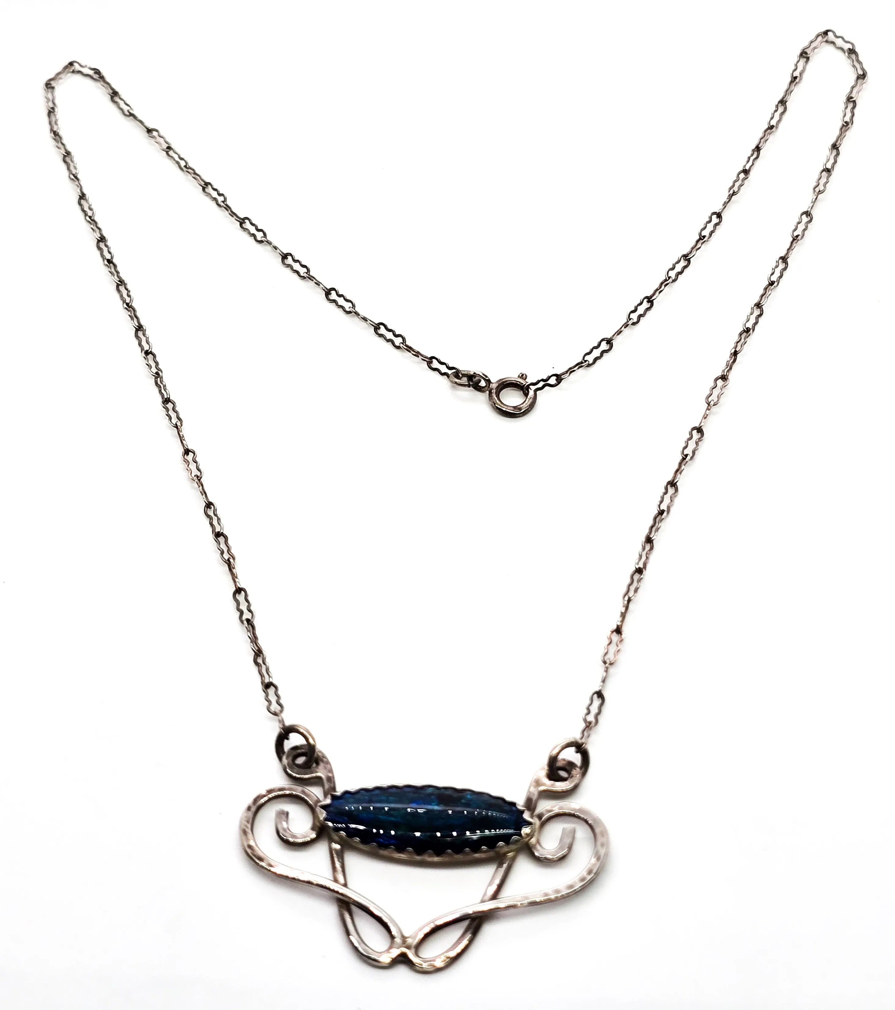Art Nouveau hammered artisan cartouche sparkling blue sterling silver necklace