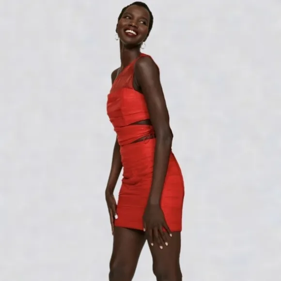 Ashley Park x RTR Red Chiffon Mini Dress, Sheer, Cutouts, Drawstring -sz 6