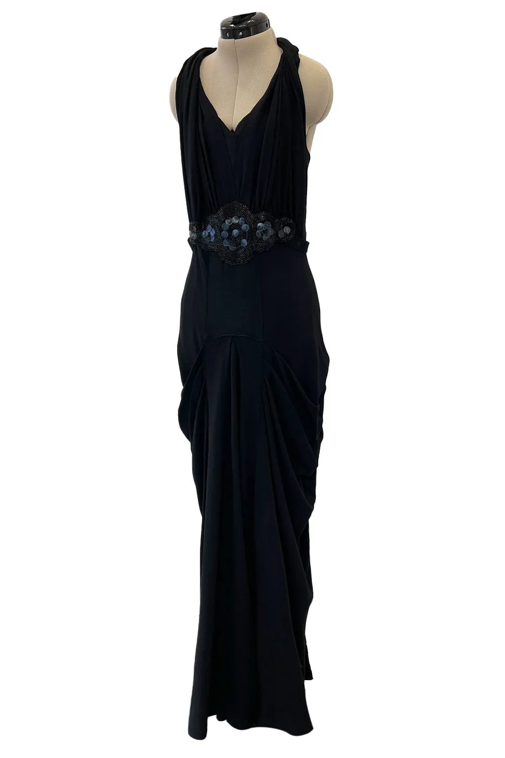 Avant Garde 1930s Black Moss Crepe Draped Halter Back Dress w Sequin Detailing