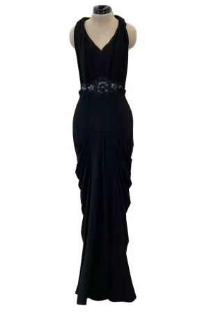 Avant Garde 1930s Black Moss Crepe Draped Halter Back Dress w Sequin Detailing
