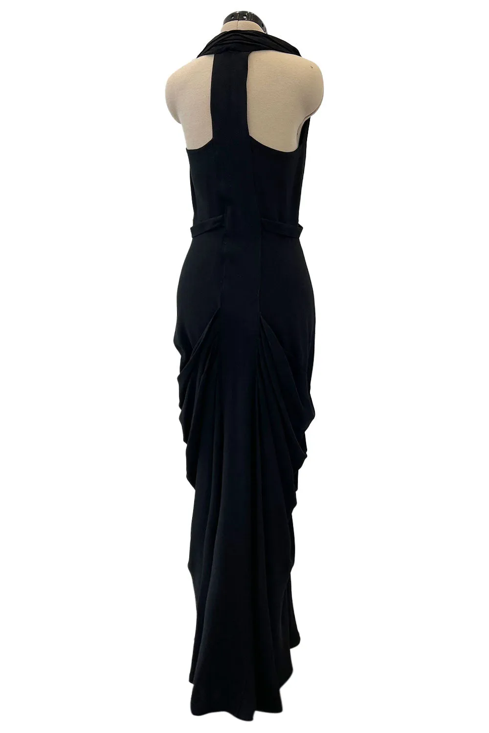 Avant Garde 1930s Black Moss Crepe Draped Halter Back Dress w Sequin Detailing