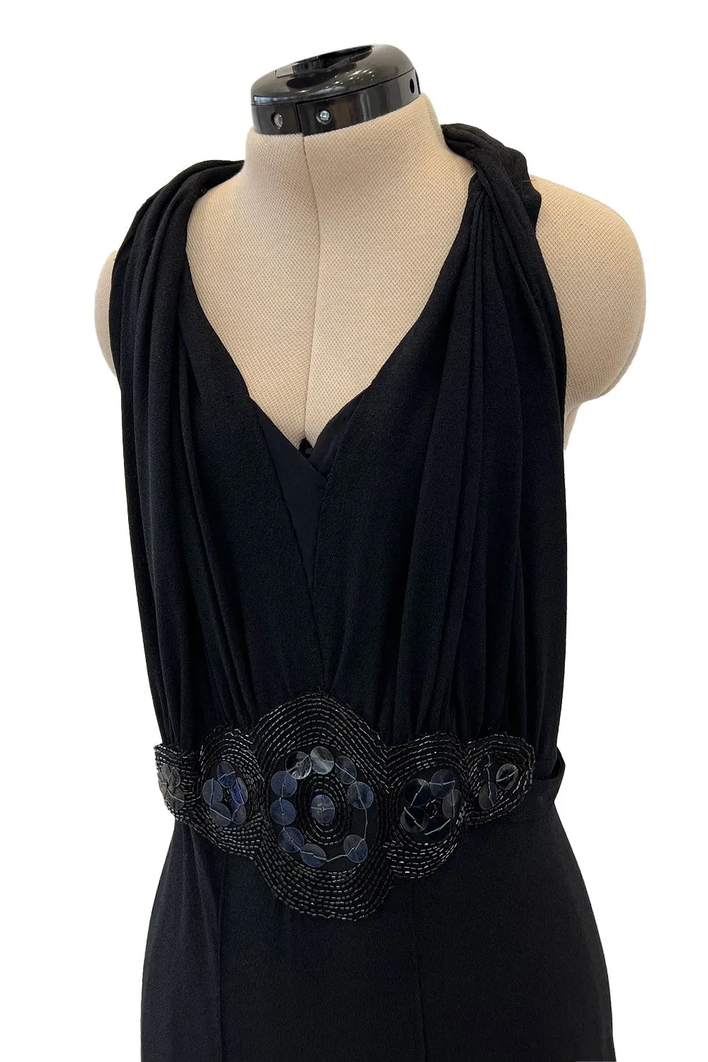 Avant Garde 1930s Black Moss Crepe Draped Halter Back Dress w Sequin Detailing
