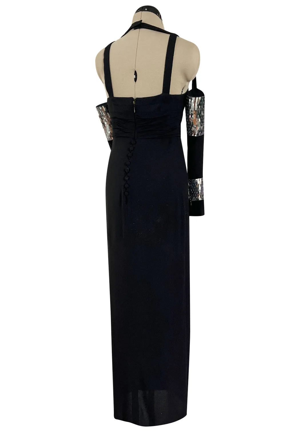 Avent Garde Fall 1991 Karl Lagerfeld Suspended Sleeve Dress w Flat Silver Sequin Detailing