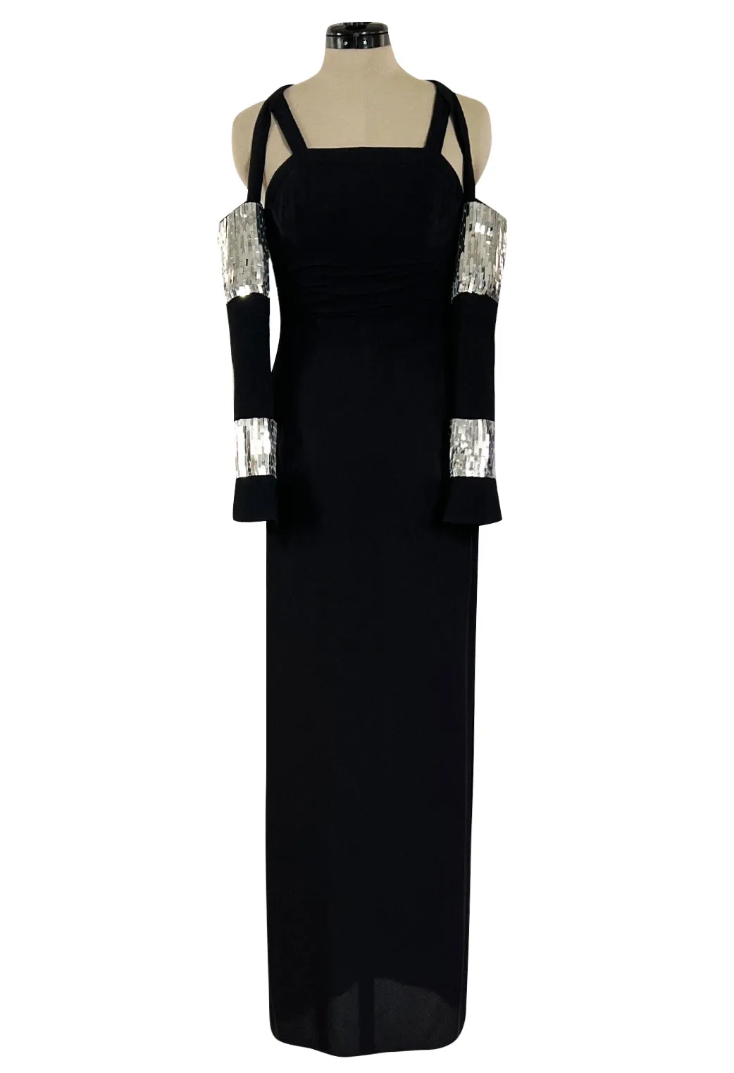 Avent Garde Fall 1991 Karl Lagerfeld Suspended Sleeve Dress w Flat Silver Sequin Detailing
