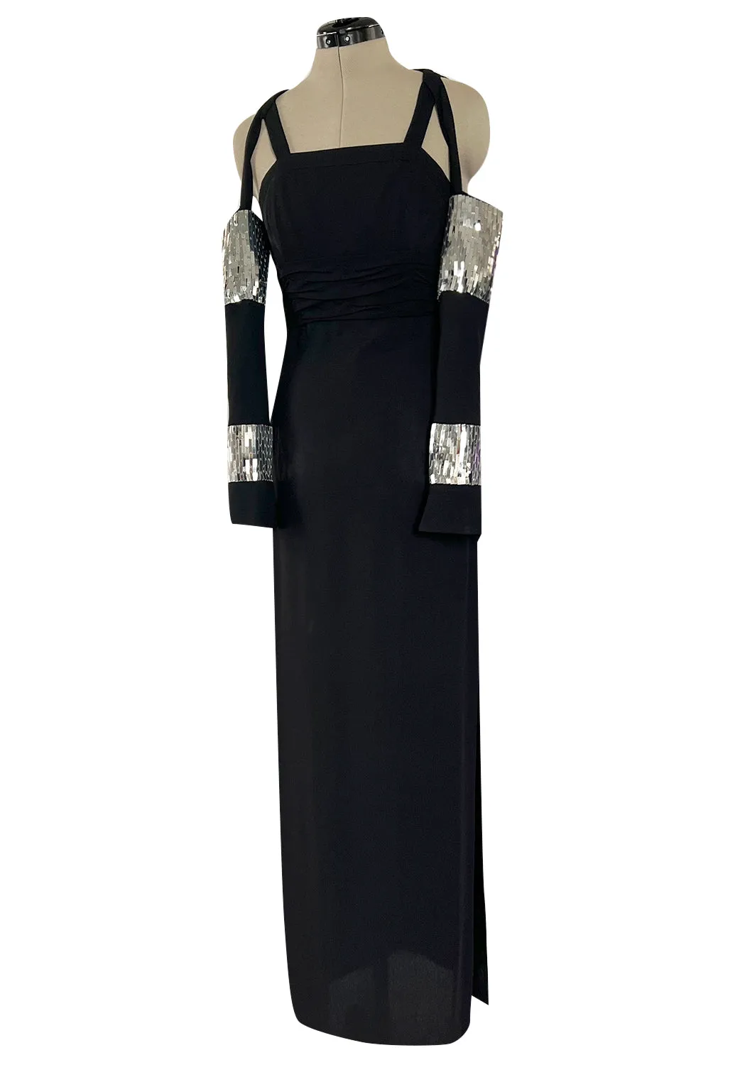 Avent Garde Fall 1991 Karl Lagerfeld Suspended Sleeve Dress w Flat Silver Sequin Detailing