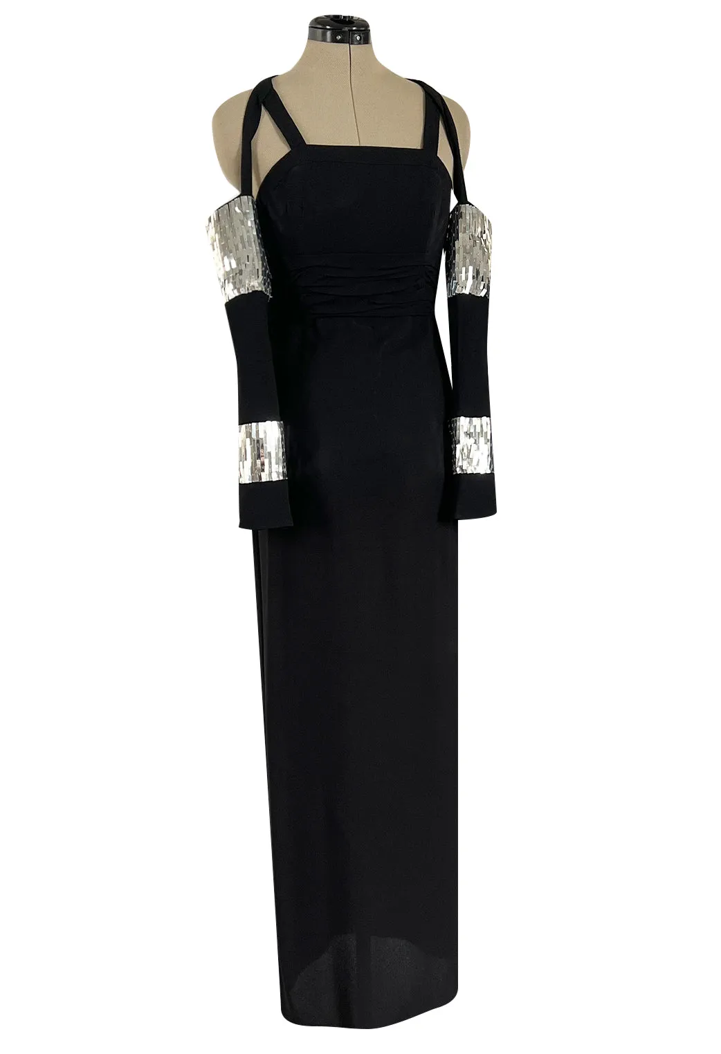 Avent Garde Fall 1991 Karl Lagerfeld Suspended Sleeve Dress w Flat Silver Sequin Detailing