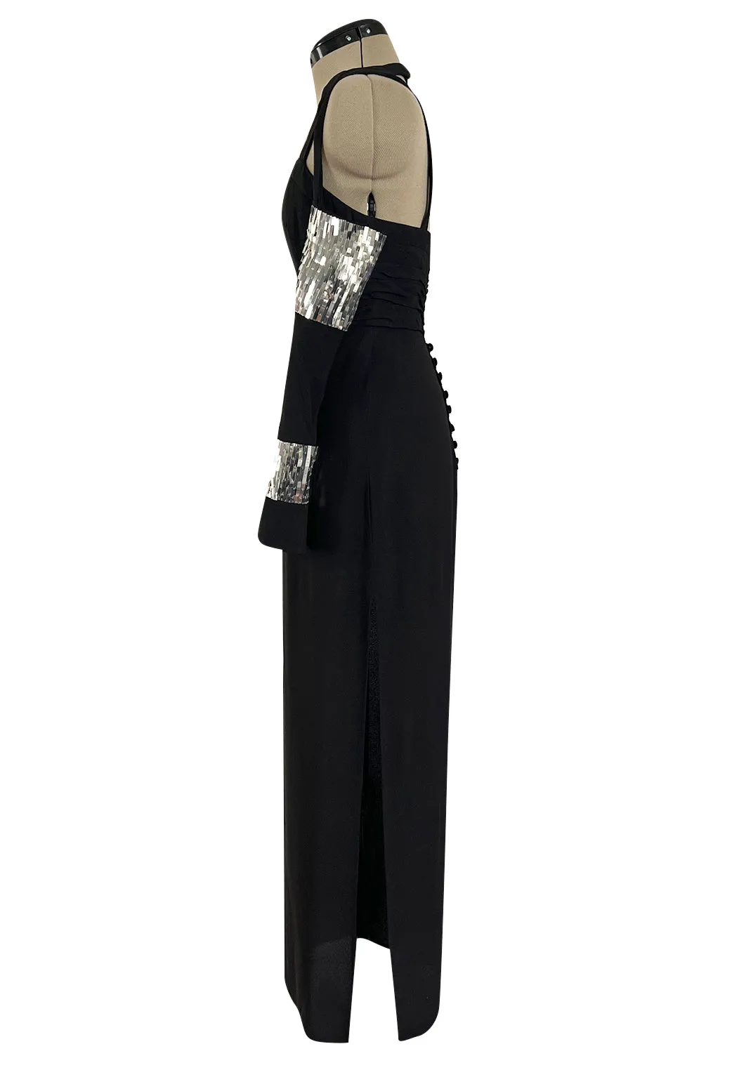 Avent Garde Fall 1991 Karl Lagerfeld Suspended Sleeve Dress w Flat Silver Sequin Detailing