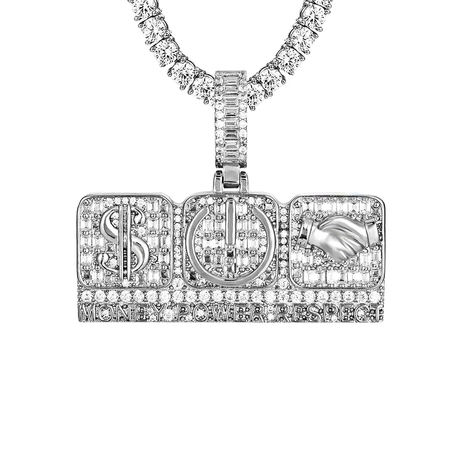 Baguette Money Power Respect Micro Pave Icy Pendant Chain