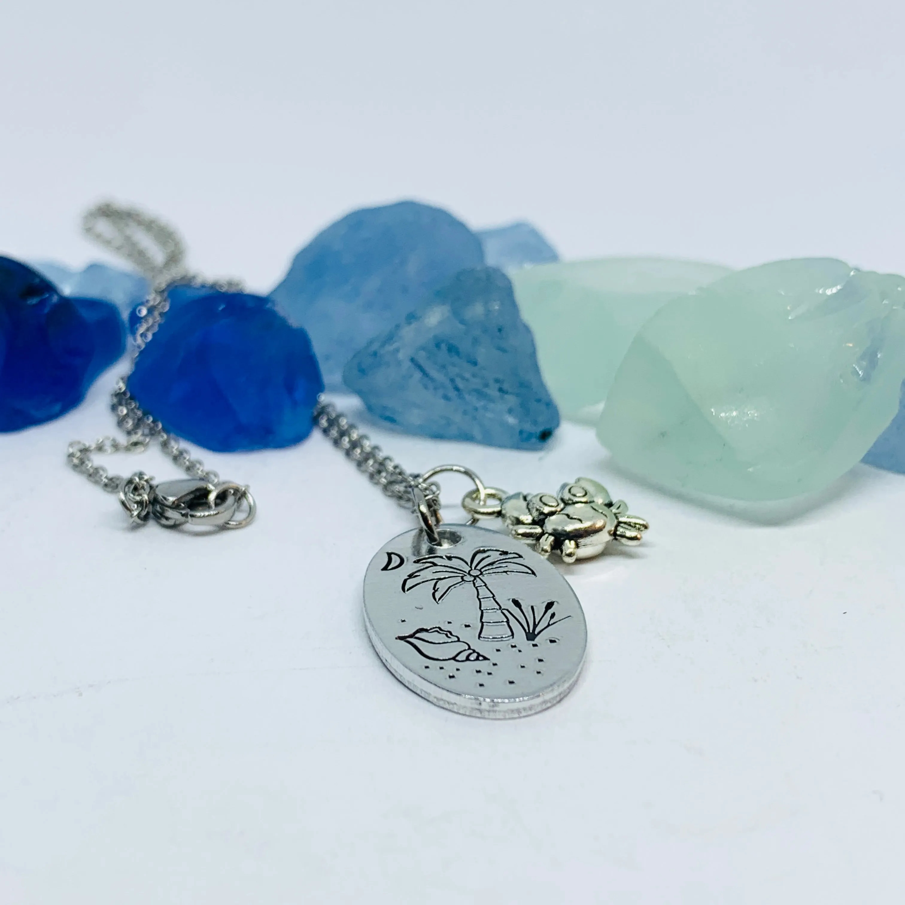 Beach Scene - Hand Stamped Necklace | Tropical | Vacation Jewelry | Crab Charm | Palm Trees Sand Shells Crescent Moon | Cruise | South Carolina