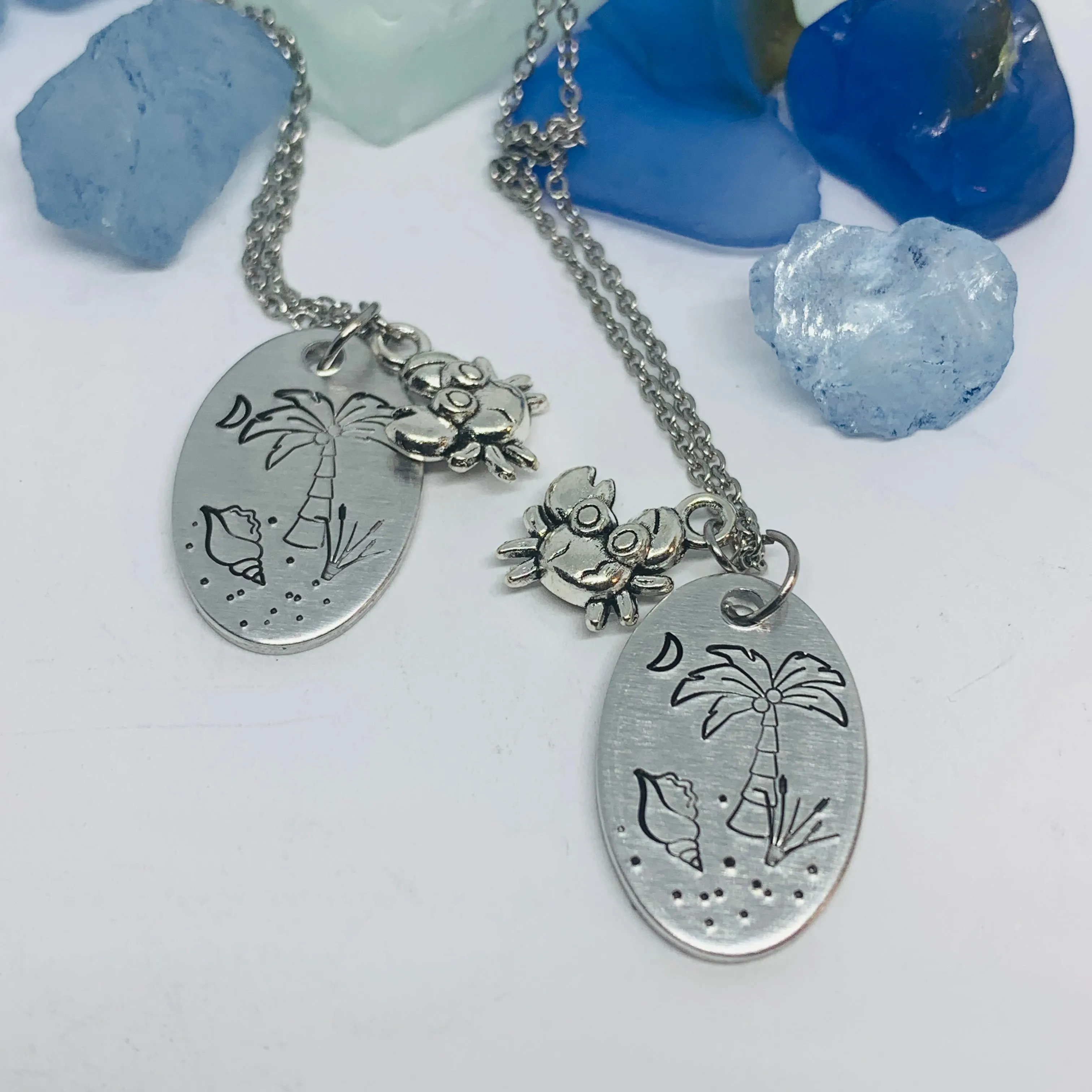 Beach Scene - Hand Stamped Necklace | Tropical | Vacation Jewelry | Crab Charm | Palm Trees Sand Shells Crescent Moon | Cruise | South Carolina