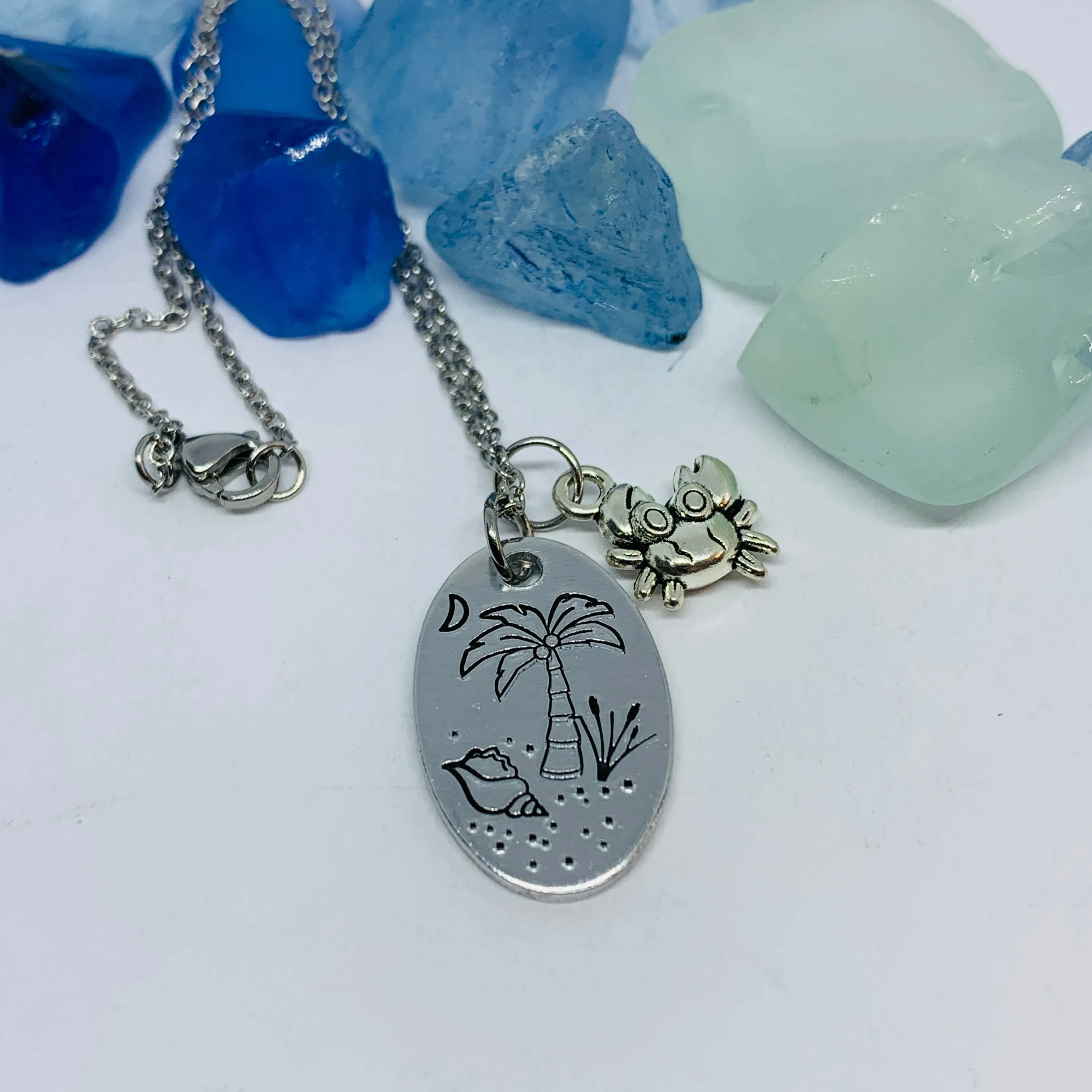 Beach Scene - Hand Stamped Necklace | Tropical | Vacation Jewelry | Crab Charm | Palm Trees Sand Shells Crescent Moon | Cruise | South Carolina