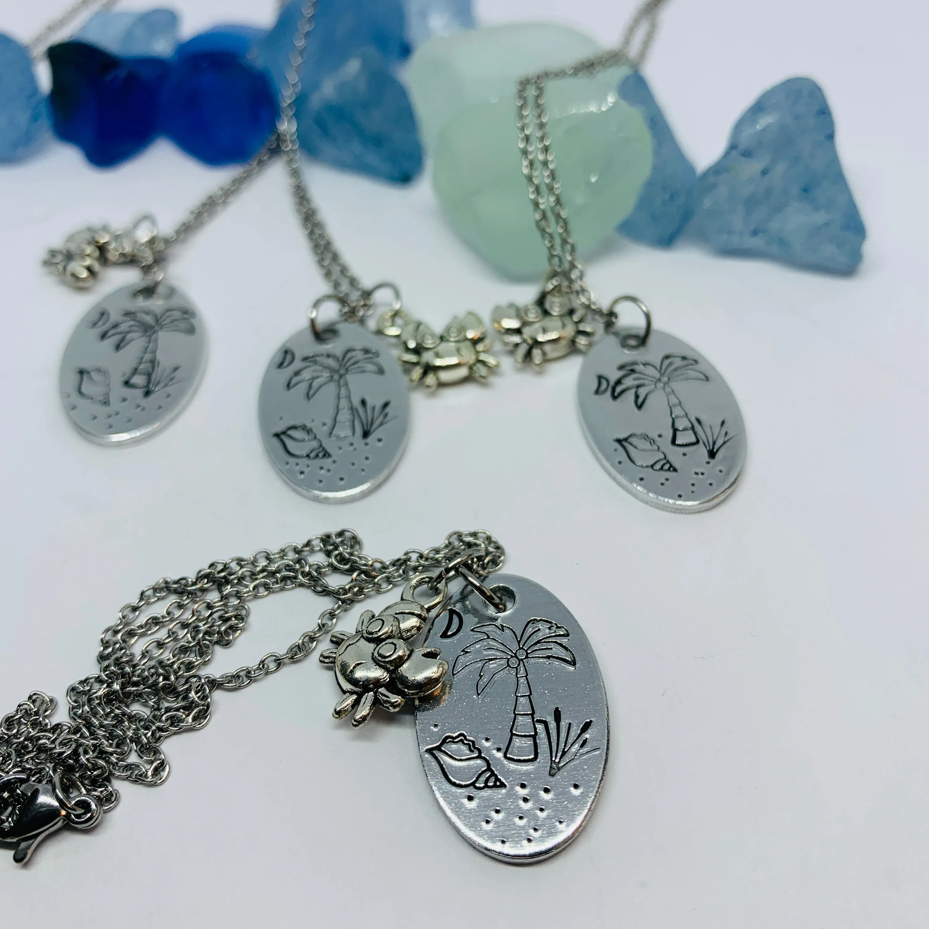 Beach Scene - Hand Stamped Necklace | Tropical | Vacation Jewelry | Crab Charm | Palm Trees Sand Shells Crescent Moon | Cruise | South Carolina
