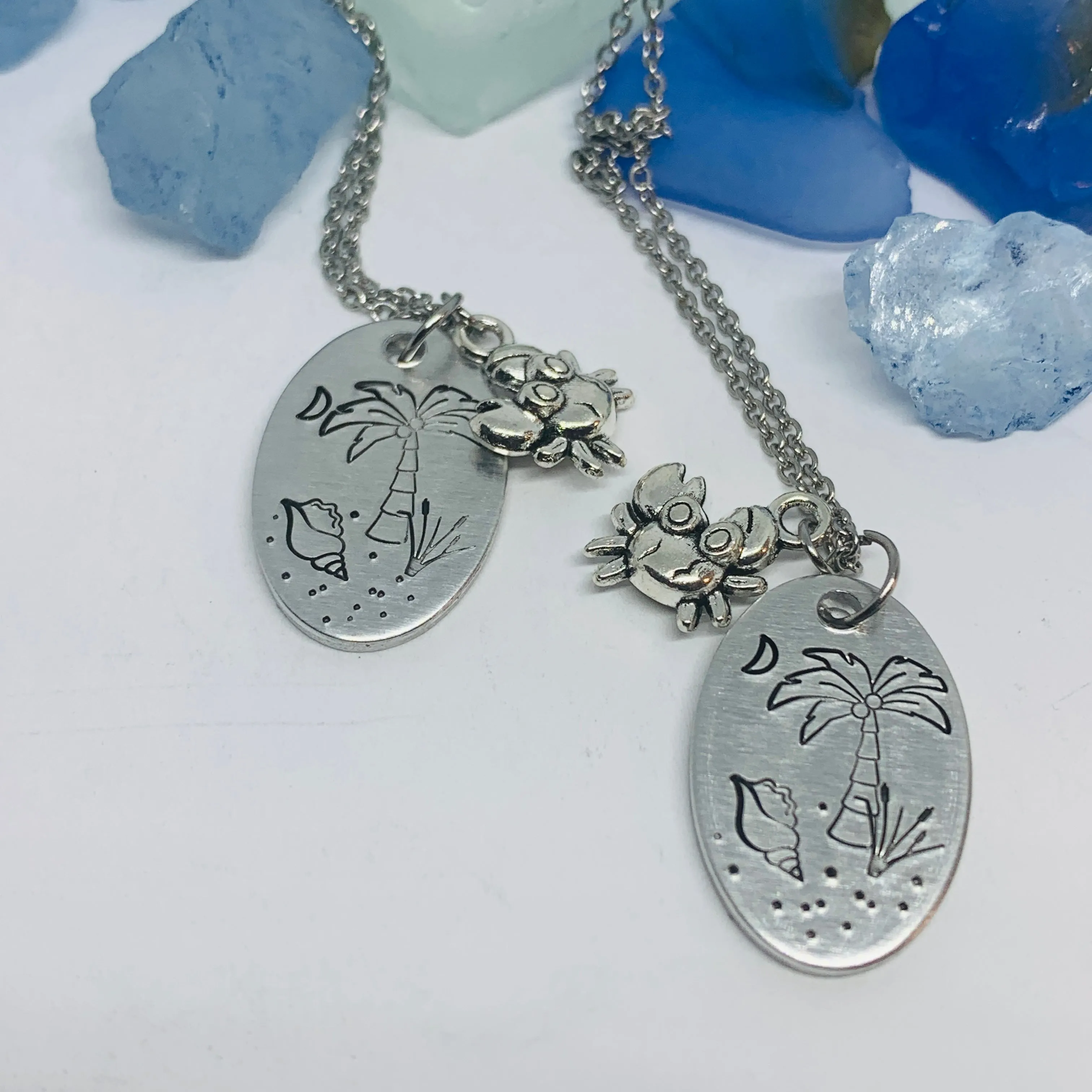 Beach Scene - Hand Stamped Necklace | Tropical | Vacation Jewelry | Crab Charm | Palm Trees Sand Shells Crescent Moon | Cruise | South Carolina