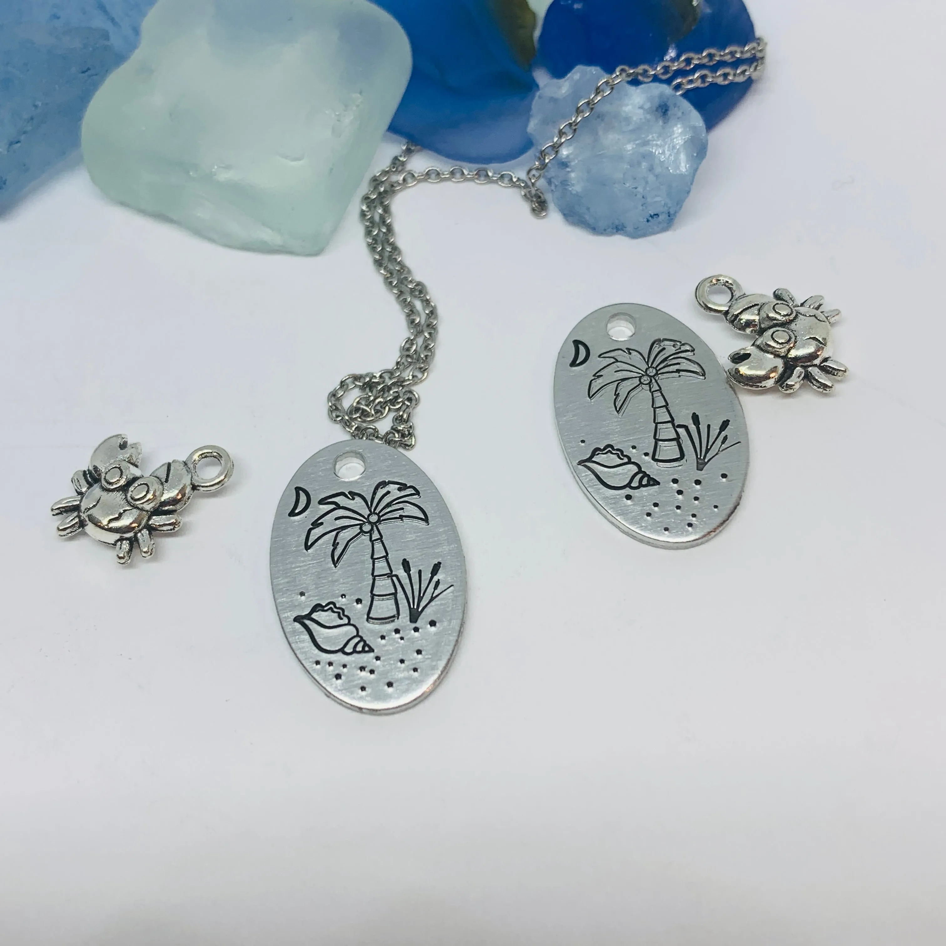 Beach Scene - Hand Stamped Necklace | Tropical | Vacation Jewelry | Crab Charm | Palm Trees Sand Shells Crescent Moon | Cruise | South Carolina