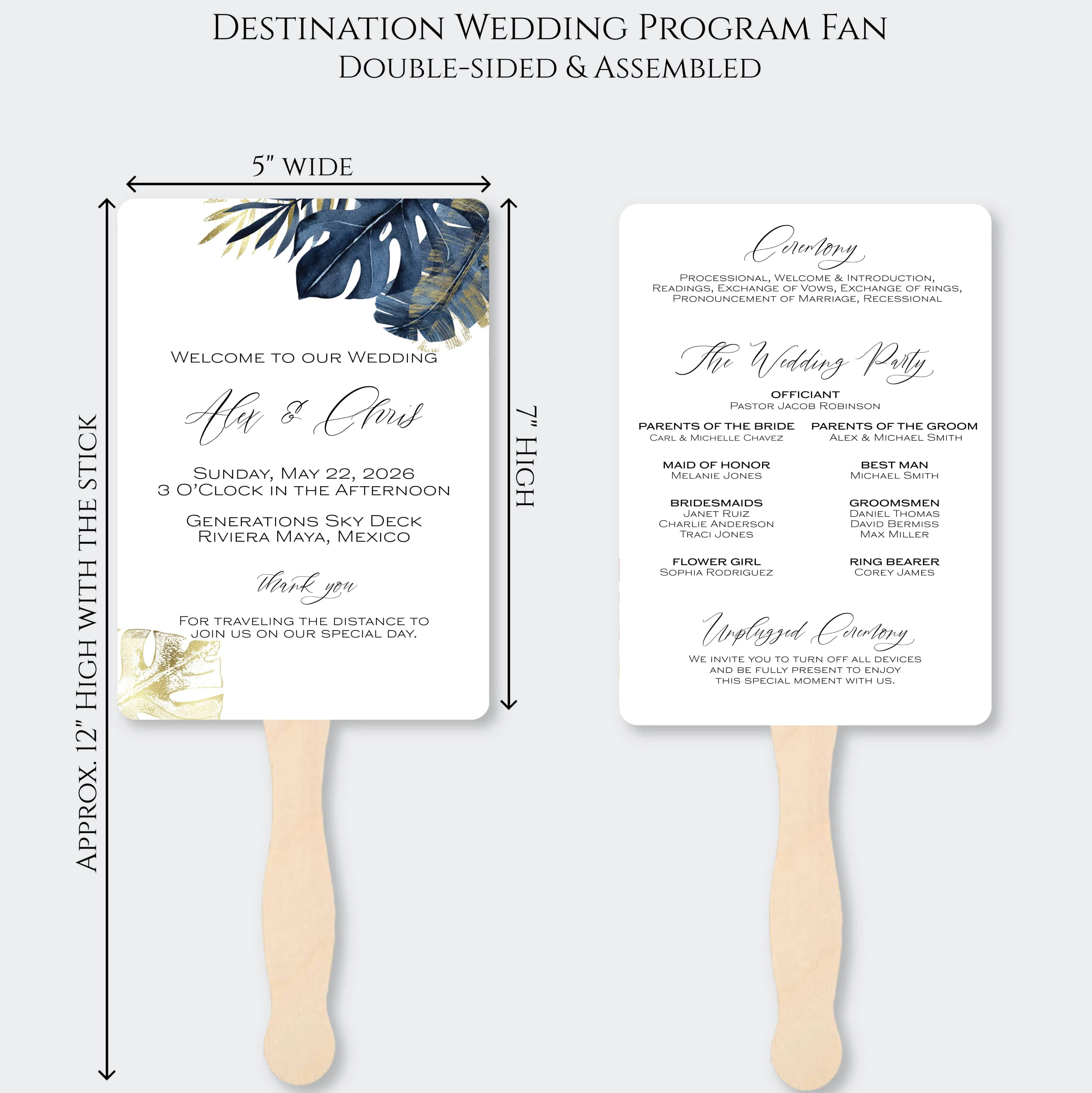 Beach Wedding Program Fans - Blue Palm