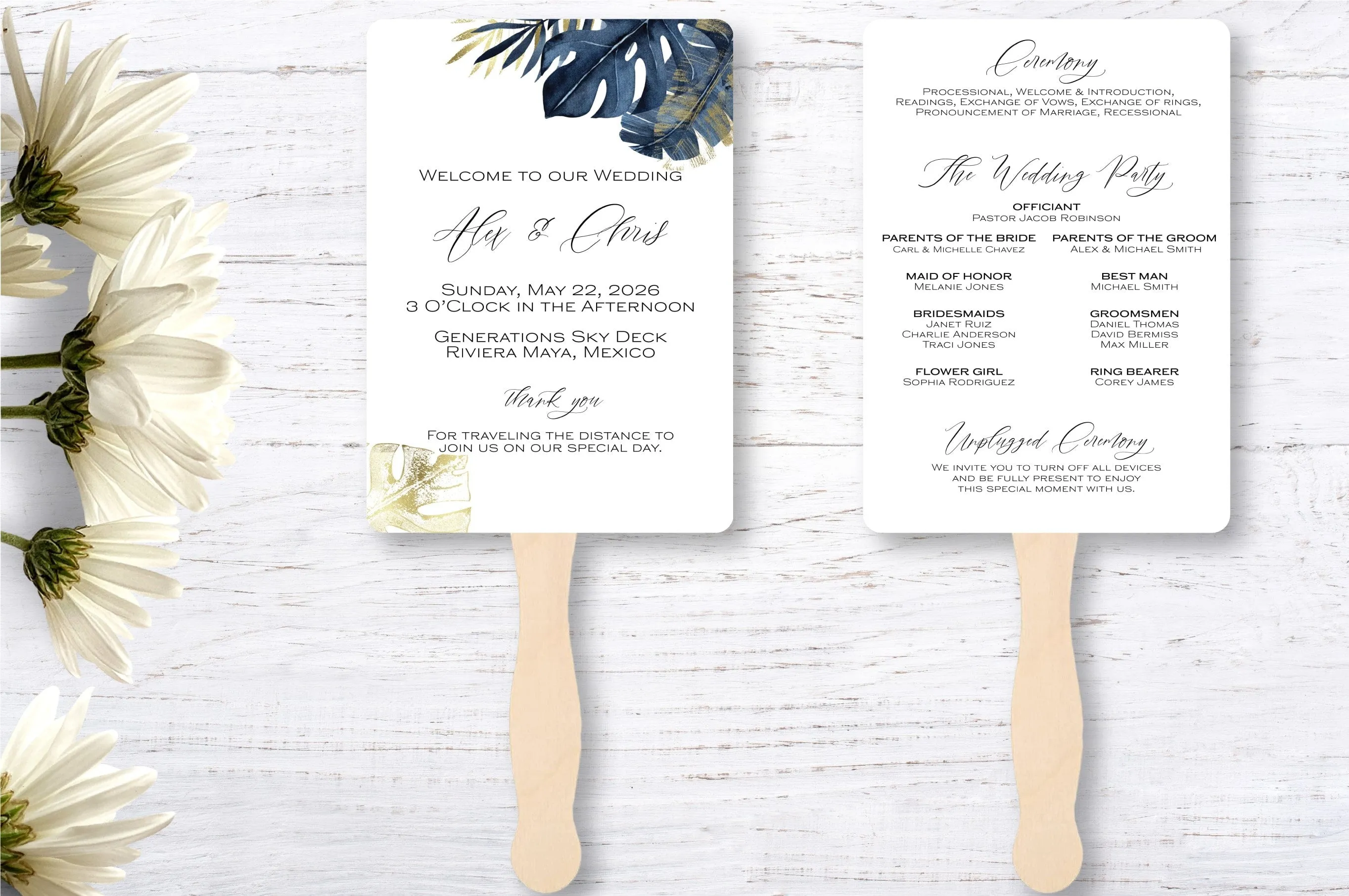 Beach Wedding Program Fans - Blue Palm
