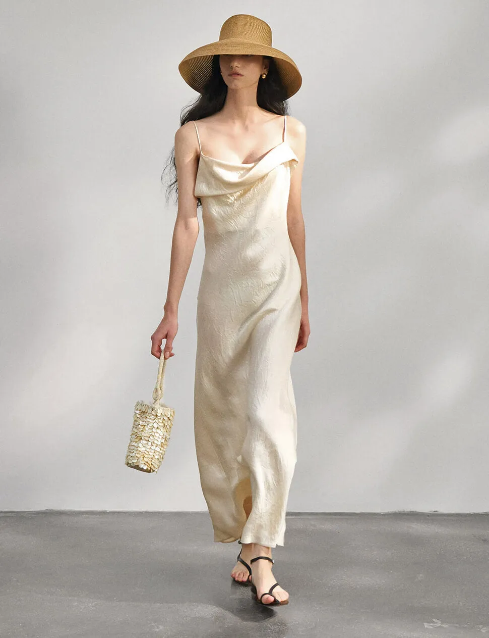 Beige Satin Maxi Dress