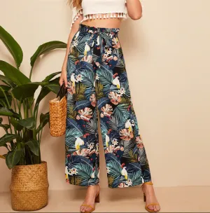 Belted Frilled Waist Tropical Print Loose Long Palazzo Pants