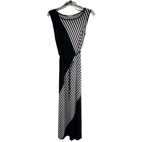 Black &amp; White Sleeveless Maxi Dress | Black Colorblock with Diagonal Stripes
