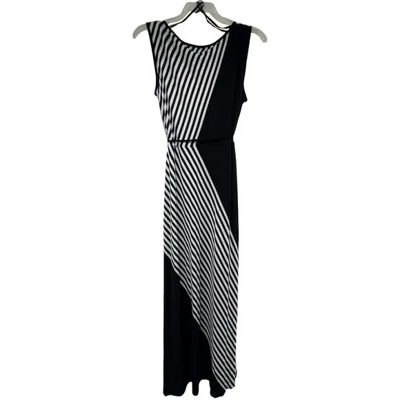 Black &amp; White Sleeveless Maxi Dress | Black Colorblock with Diagonal Stripes