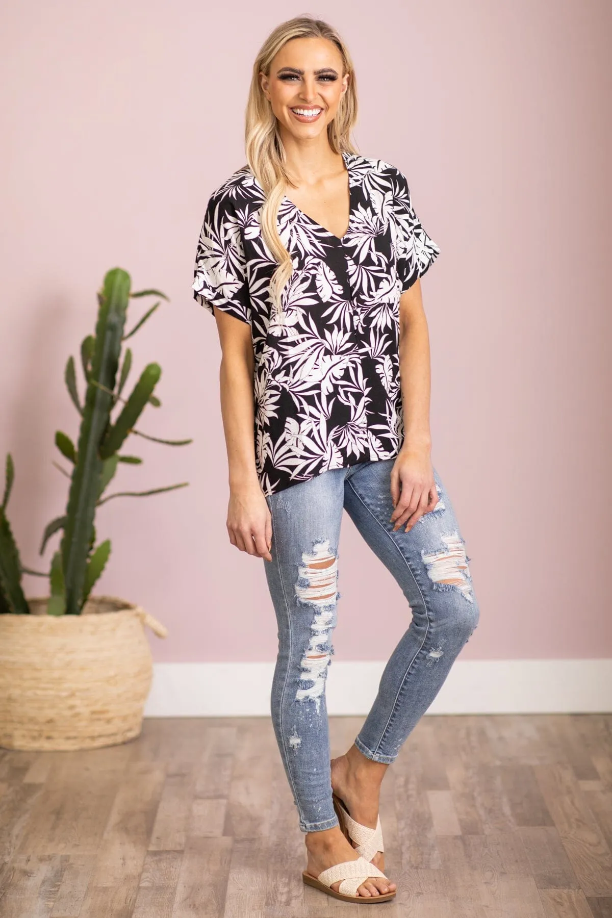 Black and White Tropical Print V-Neck Top