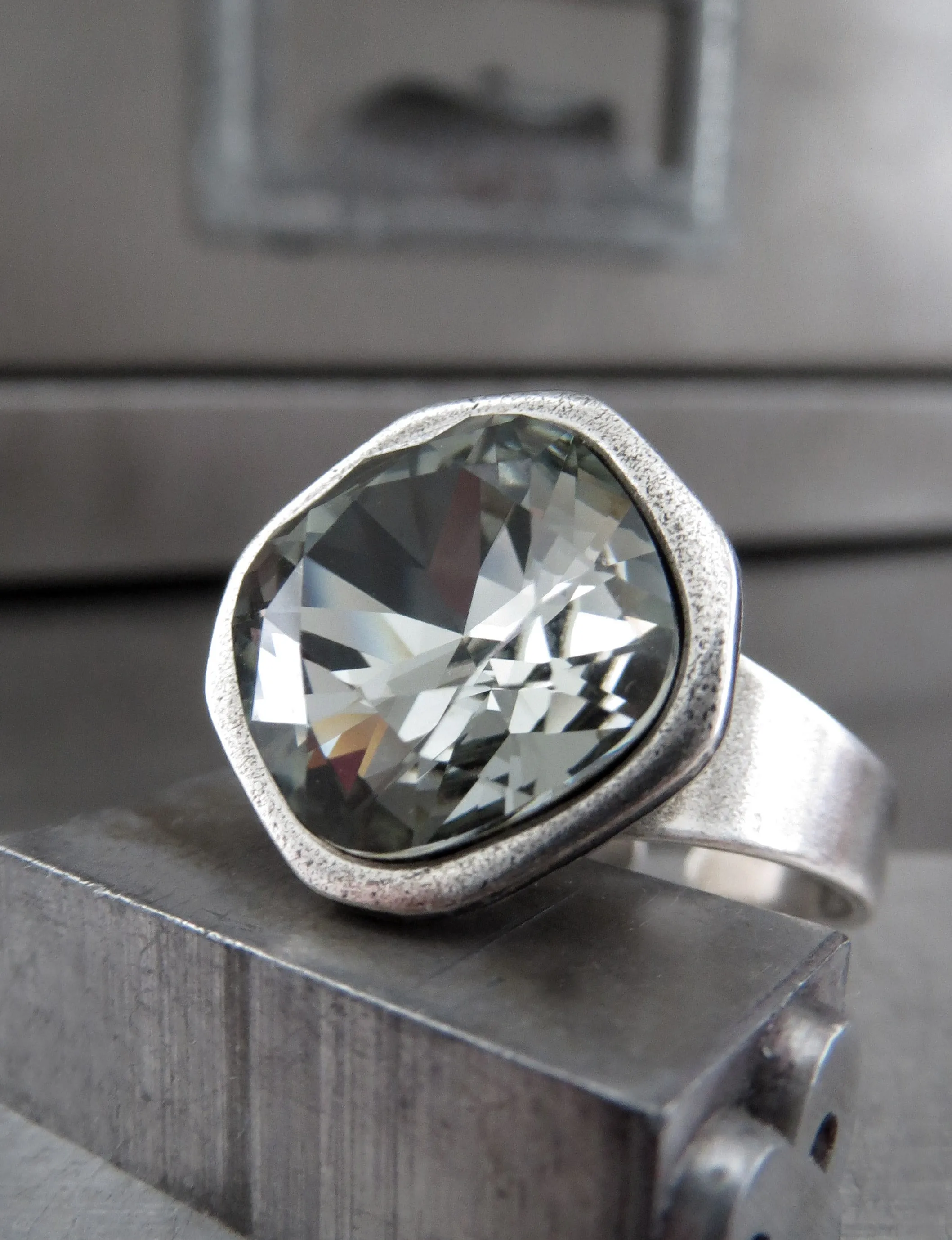 Black Diamond Crystal Ring with Antiqued Silver Band