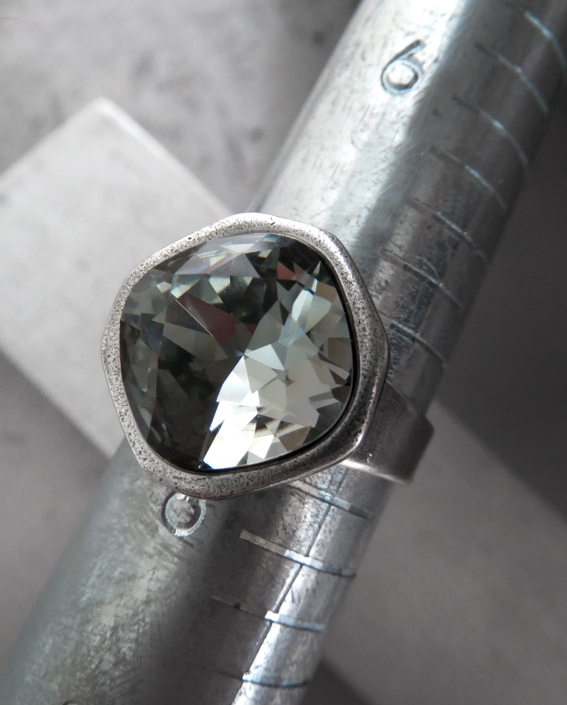 Black Diamond Crystal Ring with Antiqued Silver Band