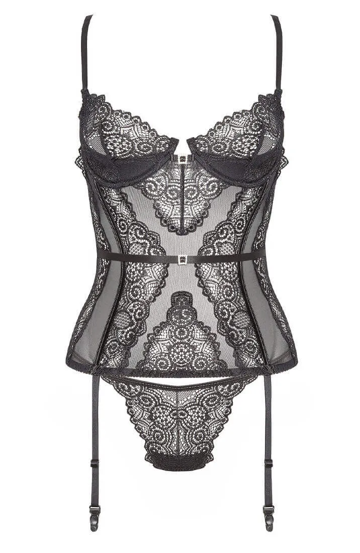 Black lace bustier with suspenders - Rina