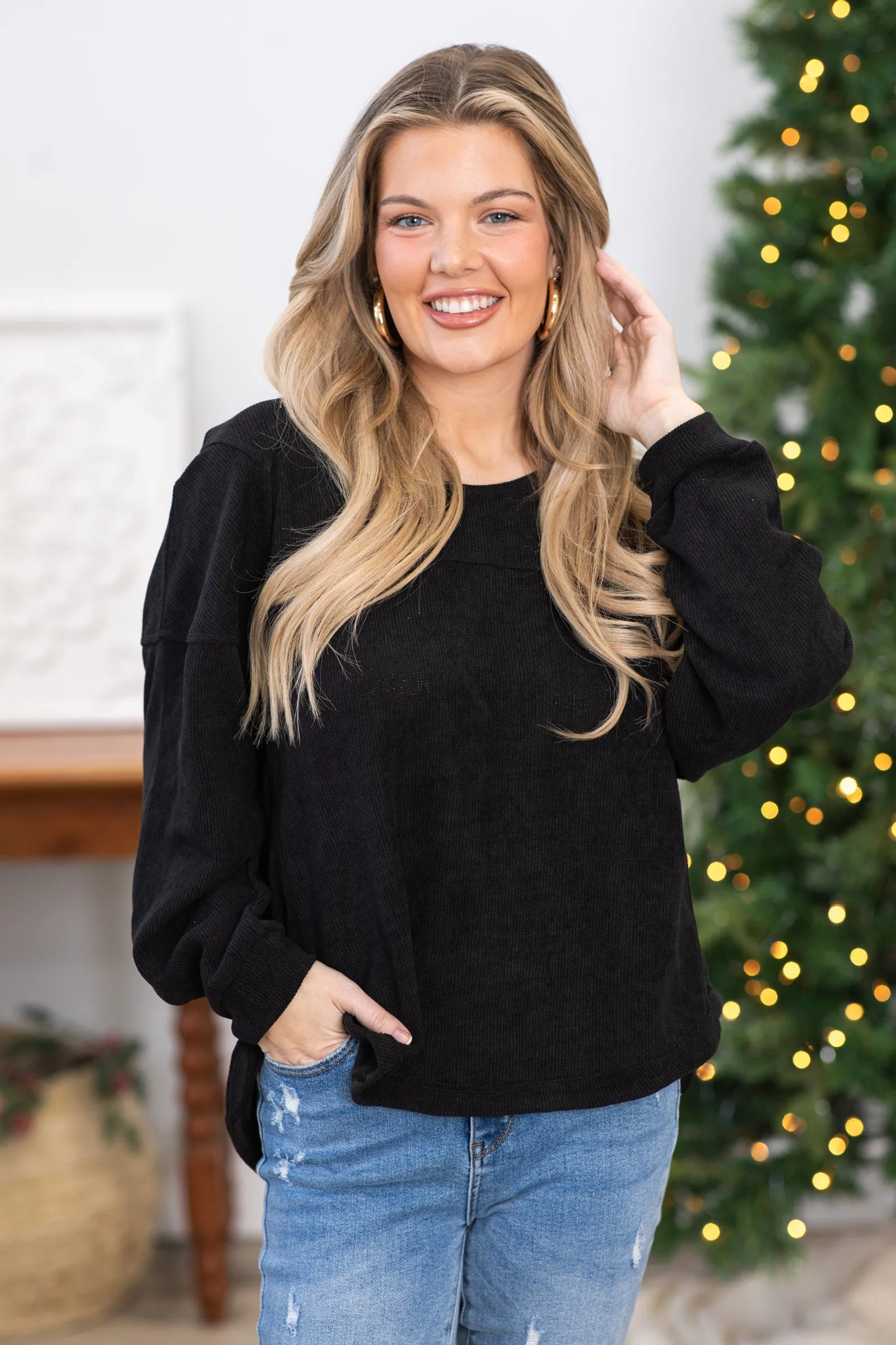 Black Ribbed Soft Knit Top