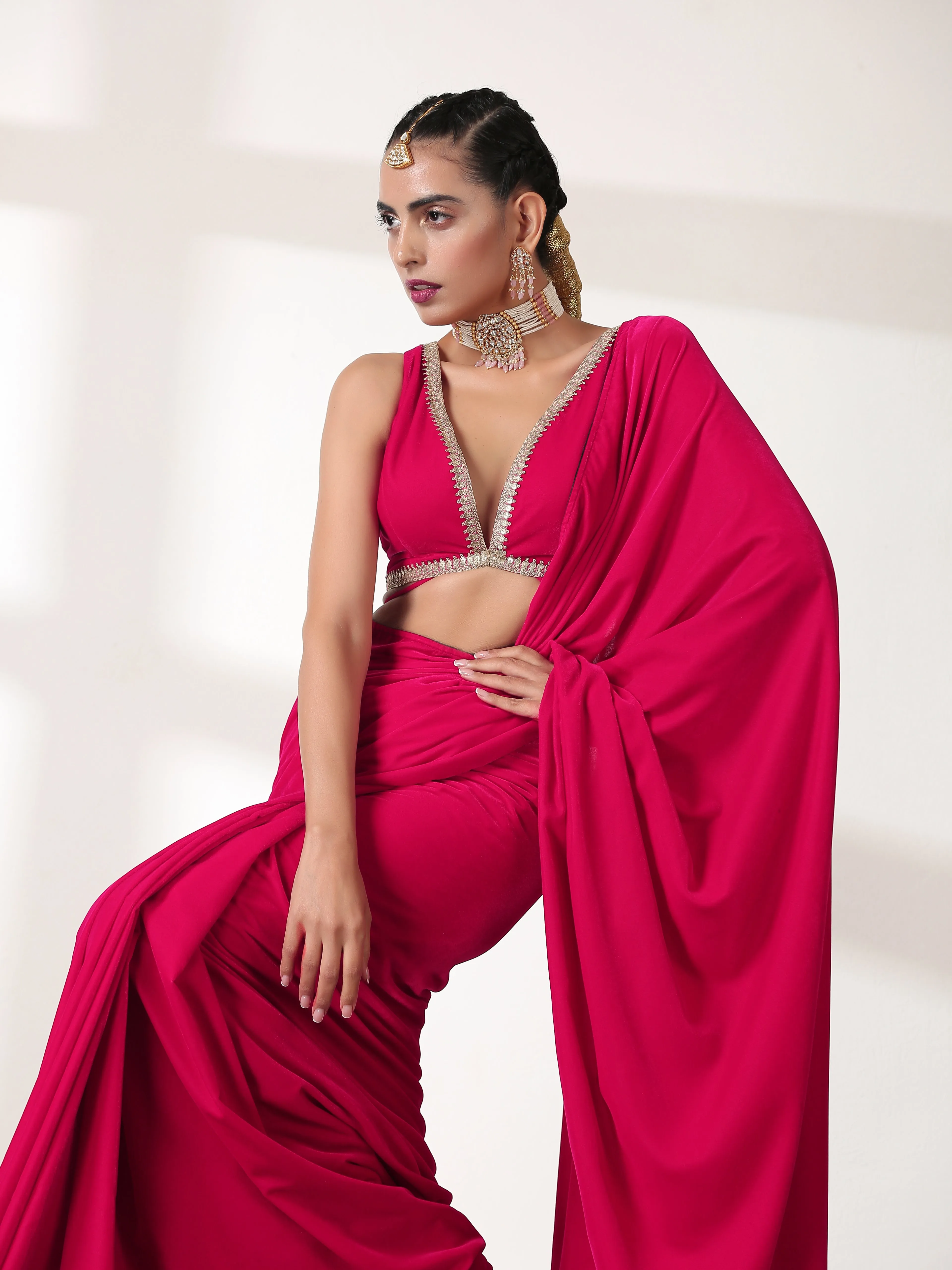 Blouse - Pink Velvet Sleeveless with Lace