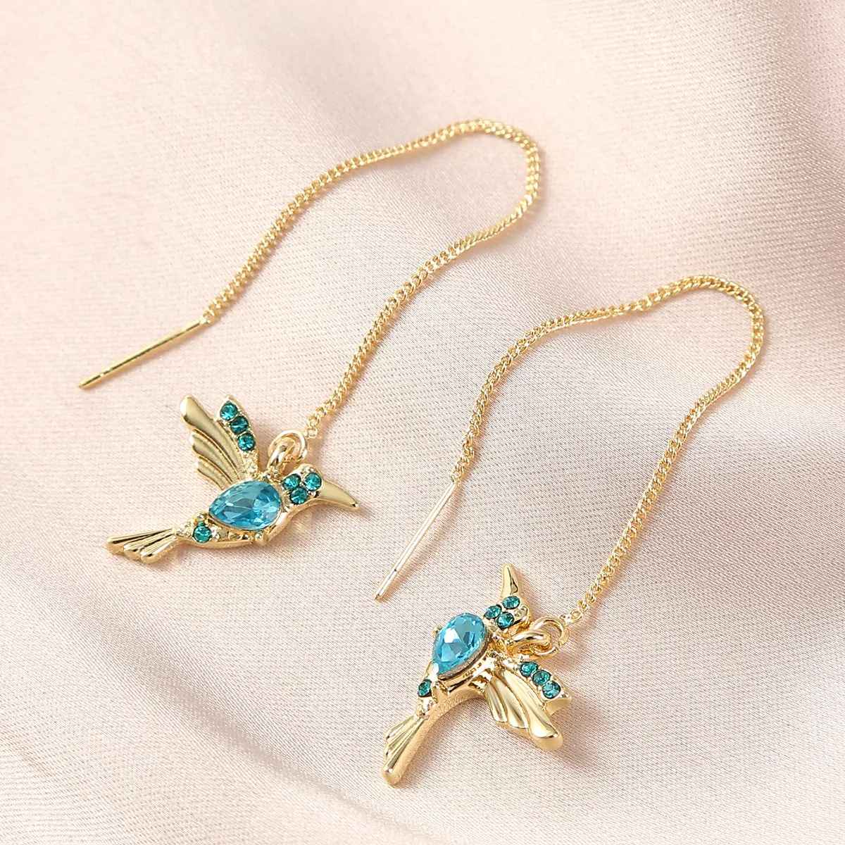 Blue Crystal & Cubic Zirconia 18K Gold-Plated Bird Threader Earrings