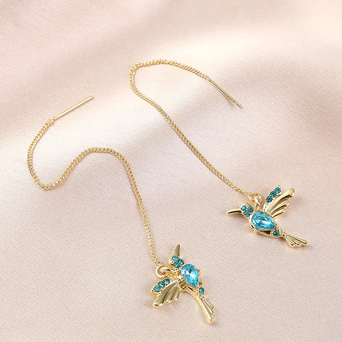 Blue Crystal & Cubic Zirconia 18K Gold-Plated Bird Threader Earrings