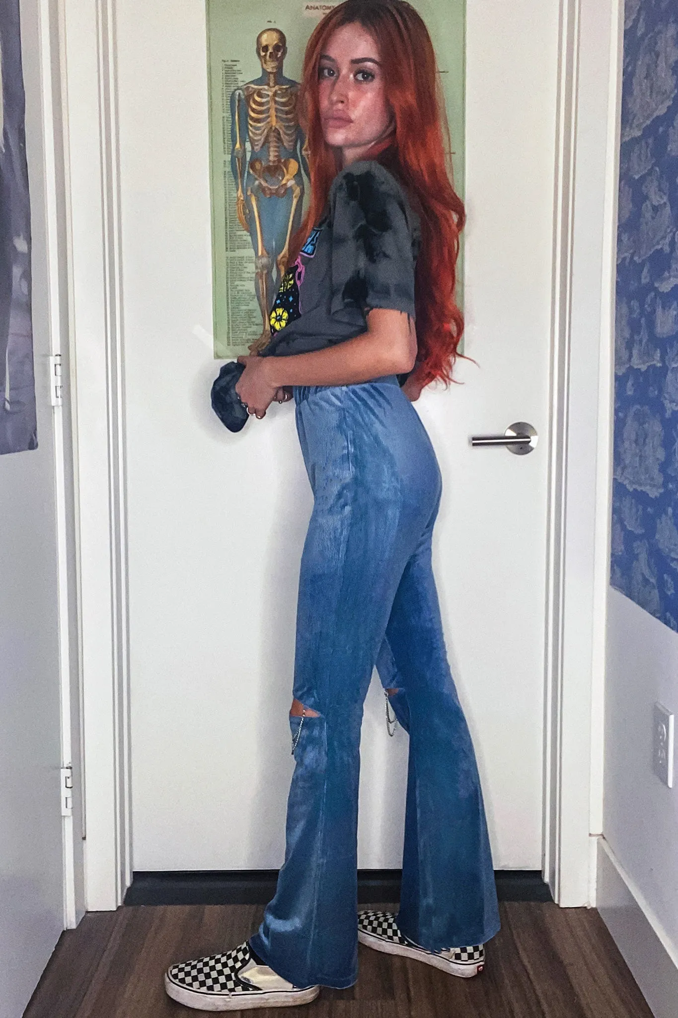 Blue Velvet Knee Chain Flares