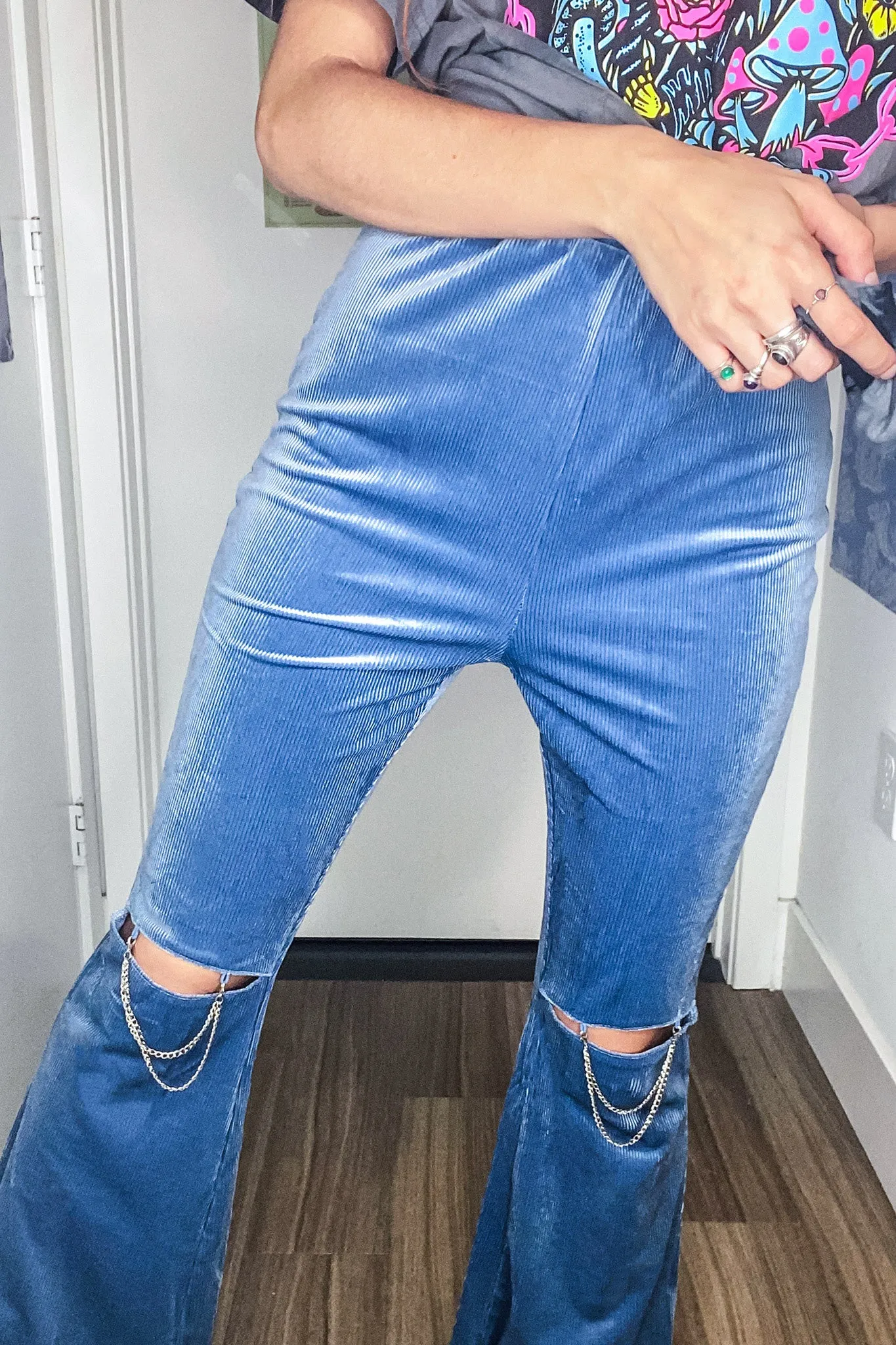 Blue Velvet Knee Chain Flares