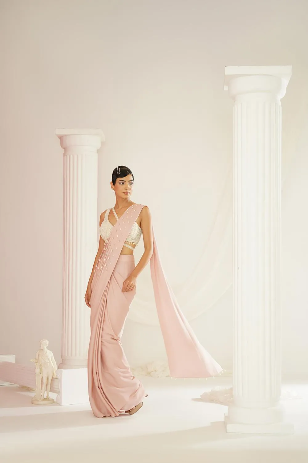 Blush Pink Embroidered Blouse With Ready To Wear Drape Saree Set