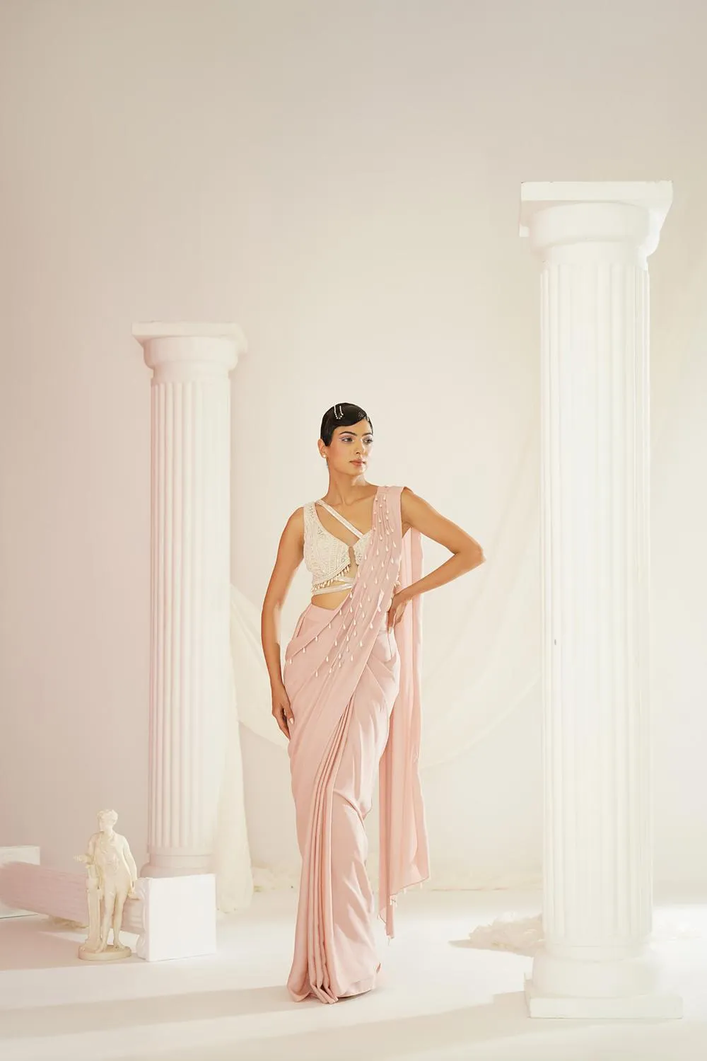 Blush Pink Embroidered Blouse With Ready To Wear Drape Saree Set