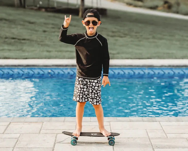 Boys UPF 50  Recycled Polyester Soft Stretch Below the Knee Printed Swim Board Shorts | Space