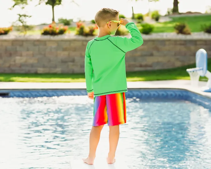 Boys UPF 50  Recycled Polyester Soft Stretch Below the Knee Printed Swim Board Shorts | Space