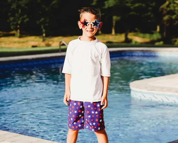 Boys UPF 50  Recycled Polyester Soft Stretch Below the Knee Printed Swim Board Shorts | Space