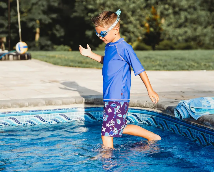 Boys UPF 50  Recycled Polyester Soft Stretch Below the Knee Printed Swim Board Shorts | Space