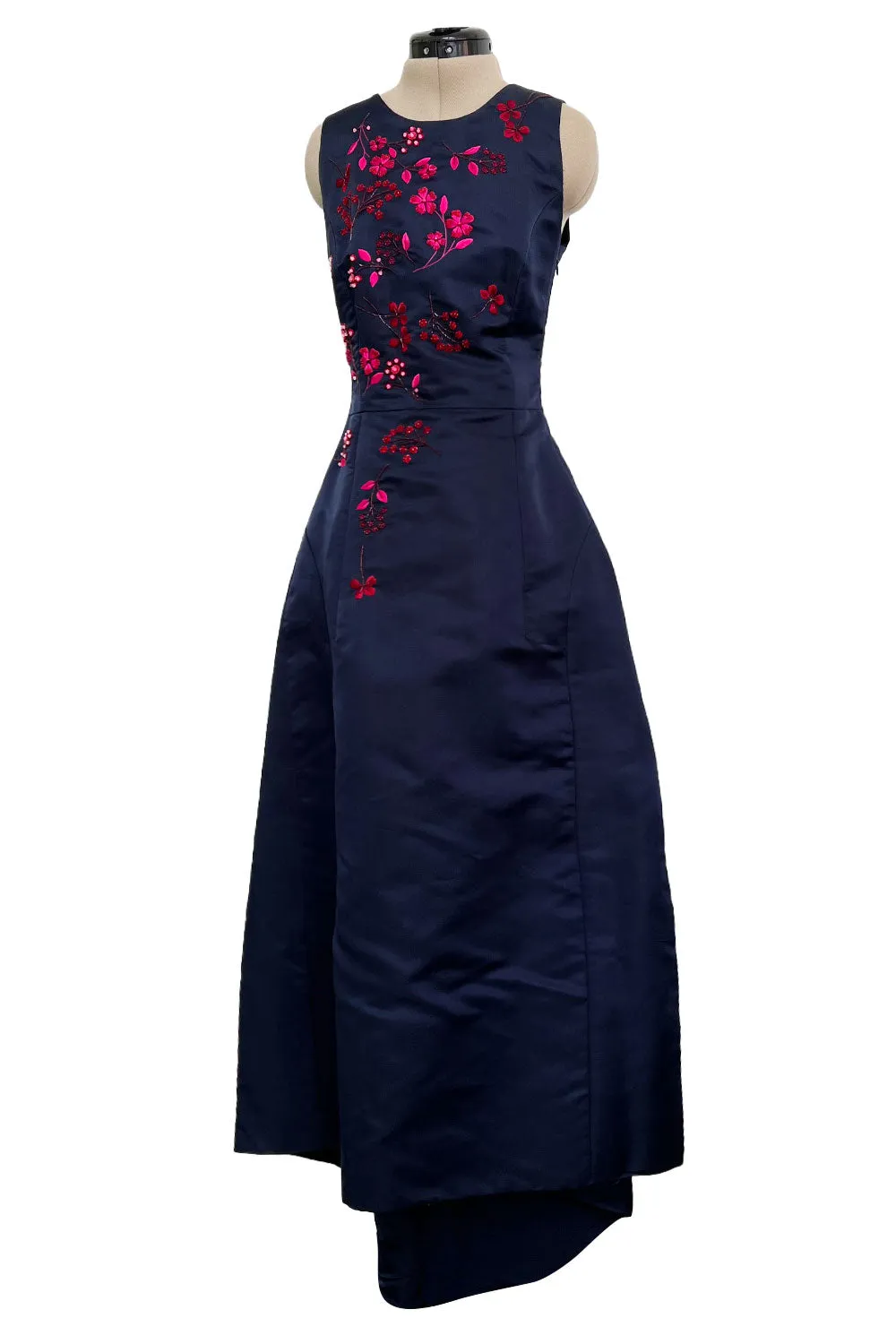 c2014 Christian Dior by Raf Simons Blue Silk Faille Dress w Pink Floral Embroidery & Beads