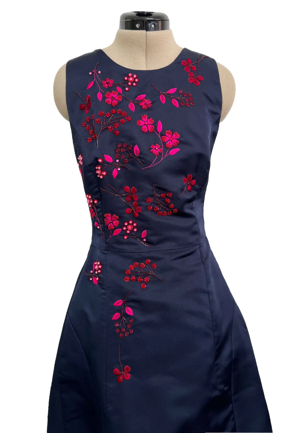 c2014 Christian Dior by Raf Simons Blue Silk Faille Dress w Pink Floral Embroidery & Beads
